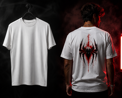 White t-shirt with a black and red graphic design on the back, displayed on a person and a hanger.
