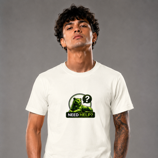 Person wearing a white t-shirt with a graphic design on a gray background