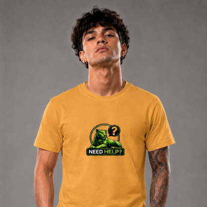 Person wearing a mustard yellow t-shirt with a graphic design on a gray background