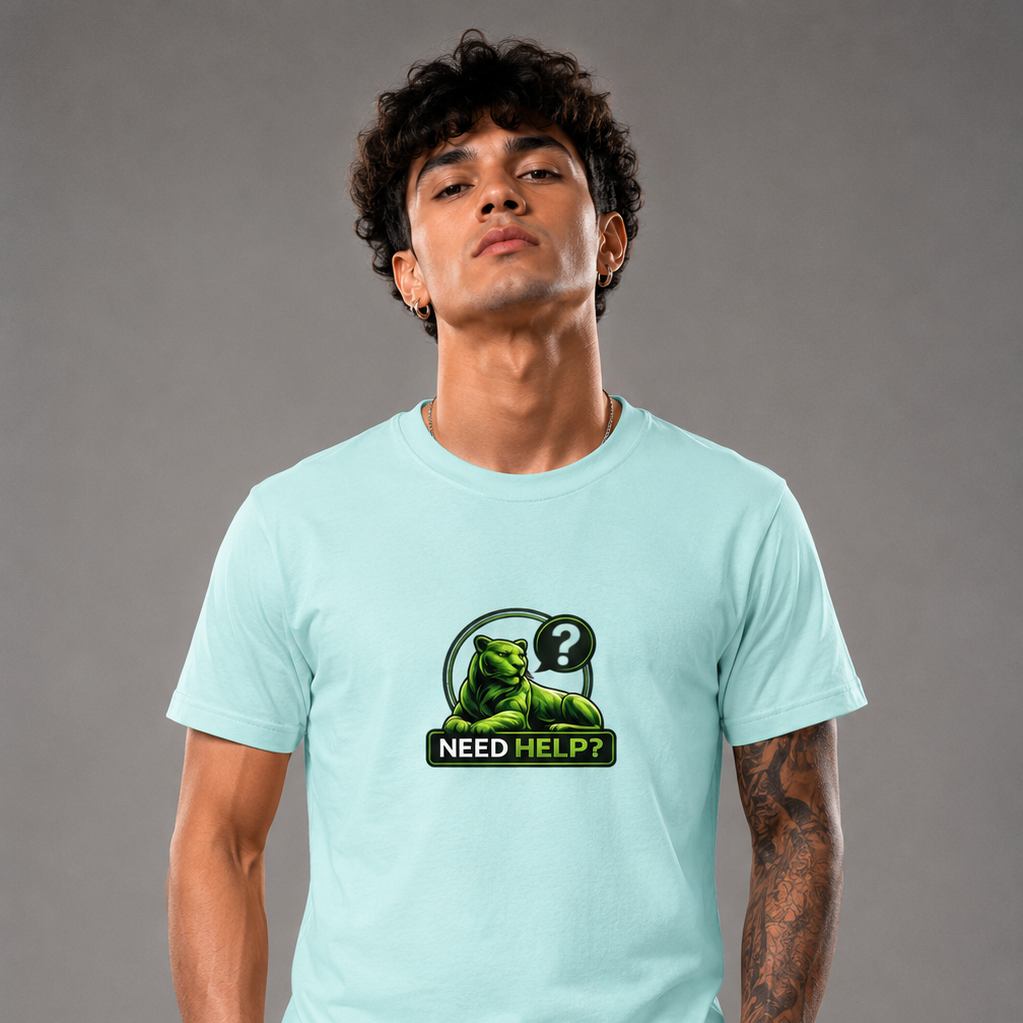 Man wearing a light blue t-shirt with a graphic design on a gray background
