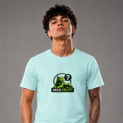 Man wearing a light blue t-shirt with a graphic design on a gray background