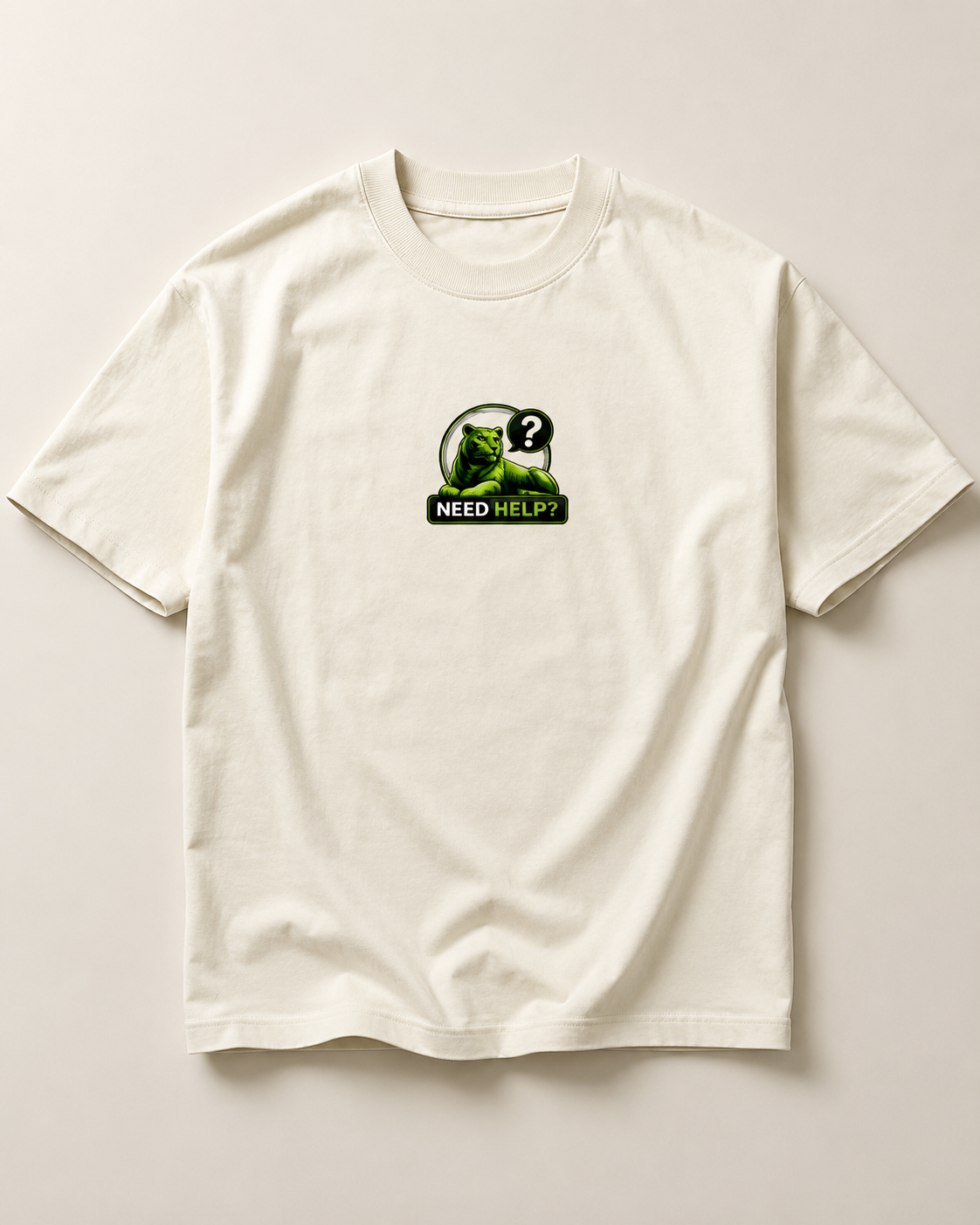White t-shirt with a graphic design on a light gray background