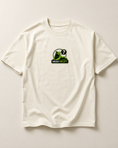 White t-shirt with a graphic design on a light gray background