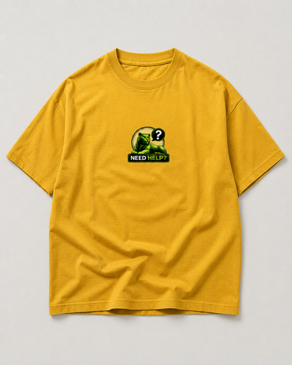 Yellow t-shirt with a graphic design on a light gray background