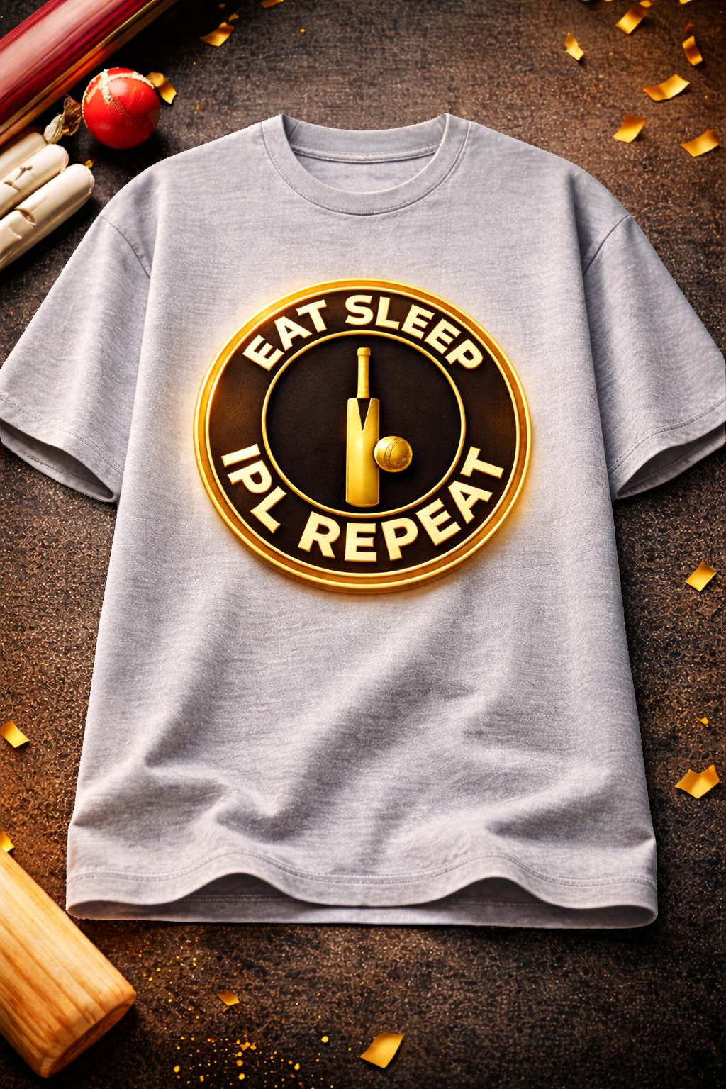 Laveros Gray t-shirt with 'Eat Sleep IPL Repeat' design 
