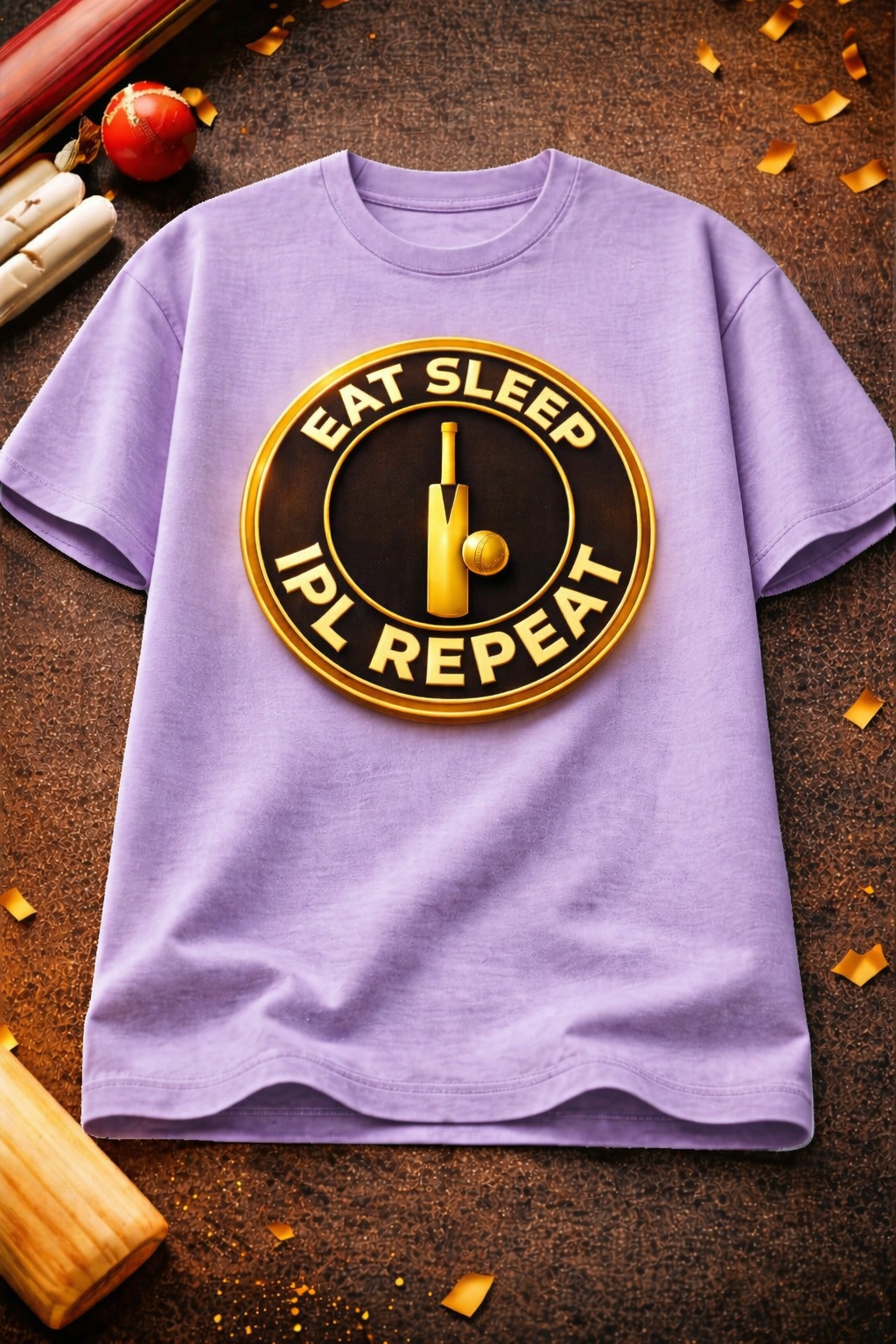 Laveros Lavender t-shirt with 'Eat Sleep IPL Repeat' graphic on a brown surface