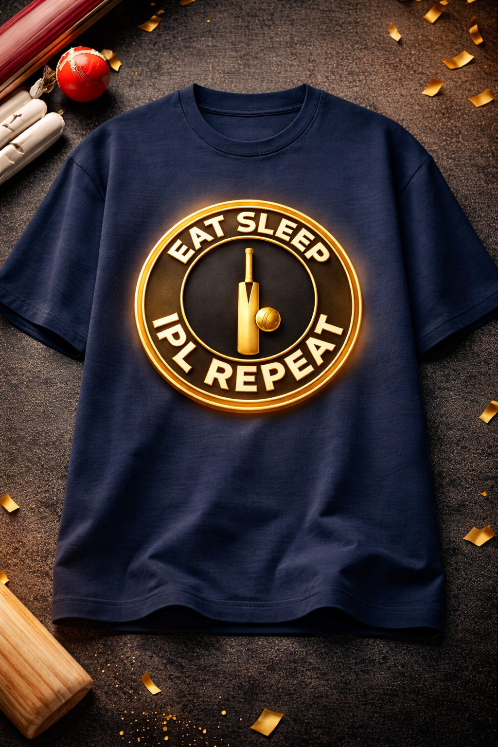 Laveros Navy blue t-shirt with 'Eat Sleep IPL Repeat' gold circular design