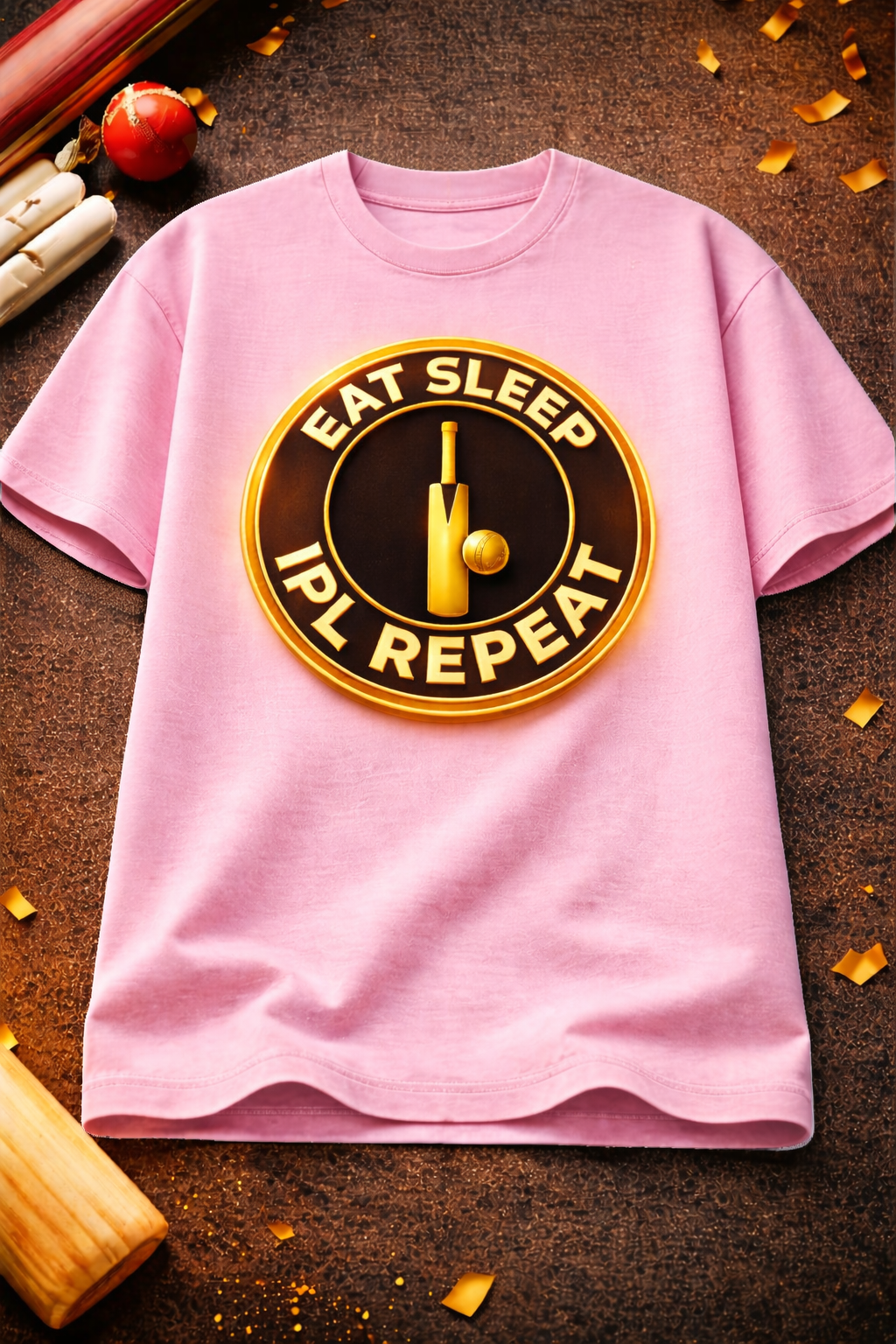Laveros Pink t-shirt with 'Eat Sleep IPL Repeat' design on a brown surface