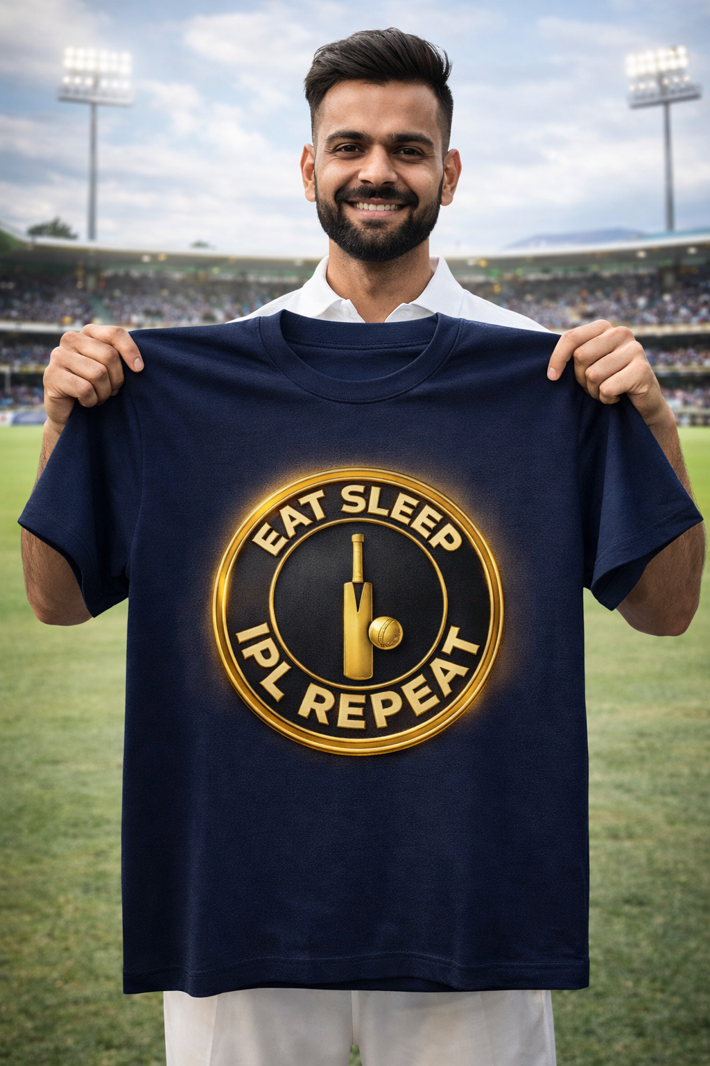 Man holding a Laveros  navy blue t-shirt with 'Eat Sleep IPL Repeat' print on a sports field 